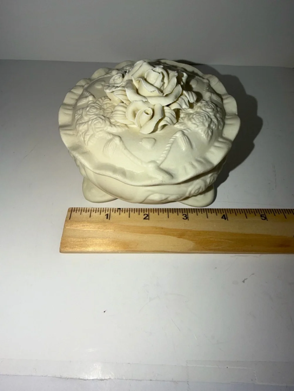 Vintage White Bisque Porcelain Footed Trinket Box